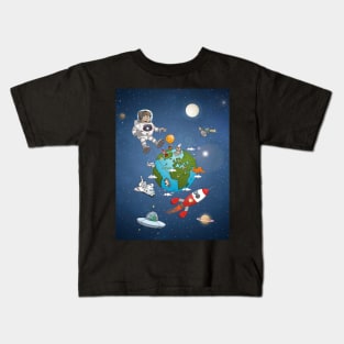 The astronaut and his rocket above planet earth Kids T-Shirt